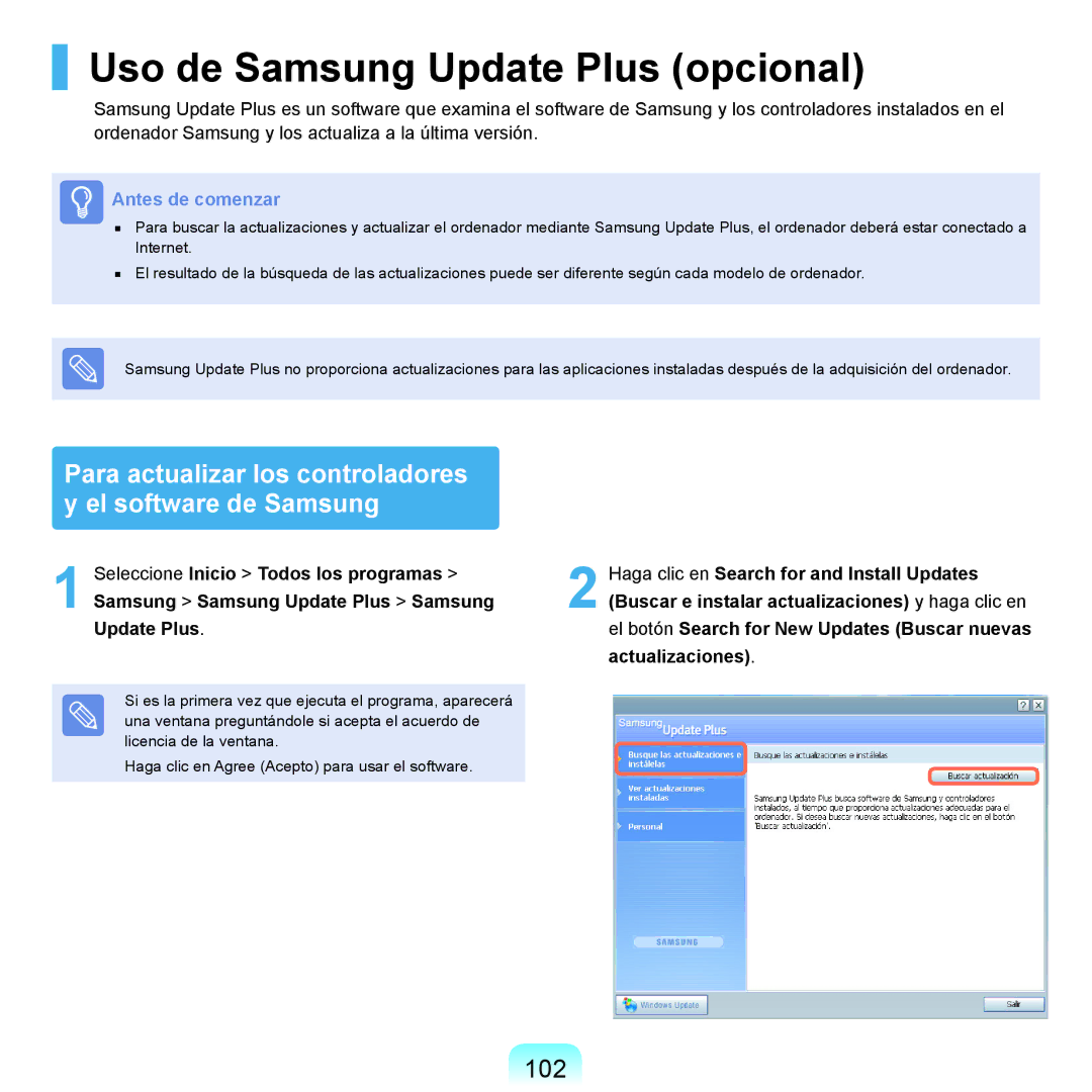 Samsung NP-X22T000/SES, NP-X22A004/SES, NP-X22A003/SES, NP-X22A002/SES manual Uso de Samsung Update Plus opcional, 102 