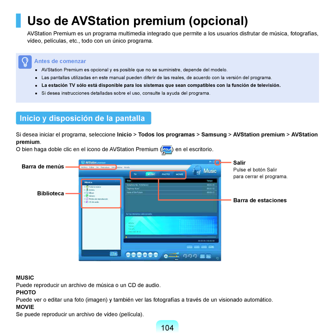 Samsung NP-X22A002/SES Uso de AVStation premium opcional, Inicio y disposición de la pantalla, 104, Barra de estaciones 