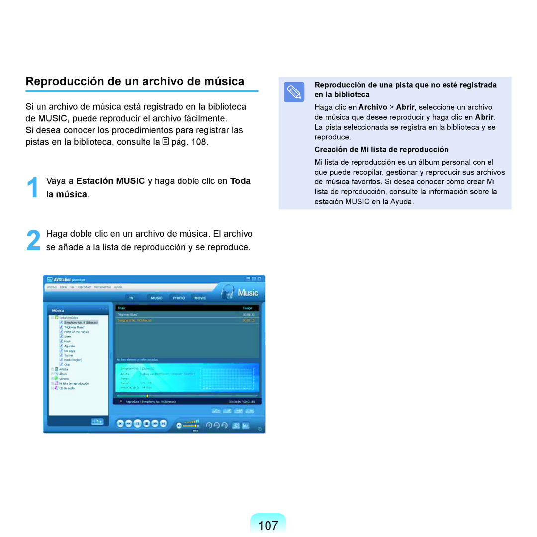 Samsung NP-X22A004/SES, NP-X22T000/SES 107, Reproducción de un archivo de música, Creación de Mi lista de reproducción 