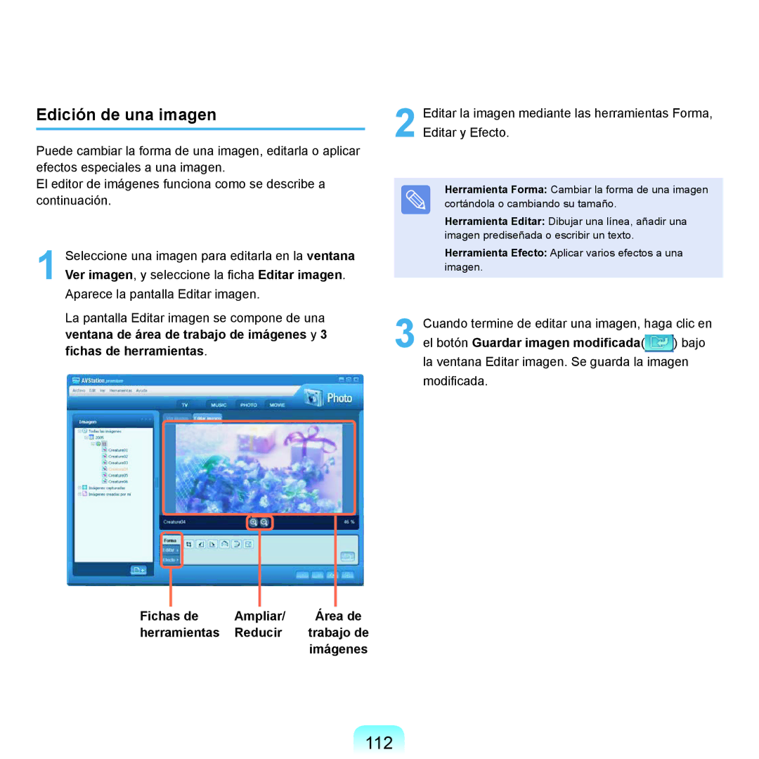 Samsung NP-X22A001/SES, NP-X22A004/SES, NP-X22T000/SES manual 112, Edición de una imagen, Herramientas Reducir, Imágenes 