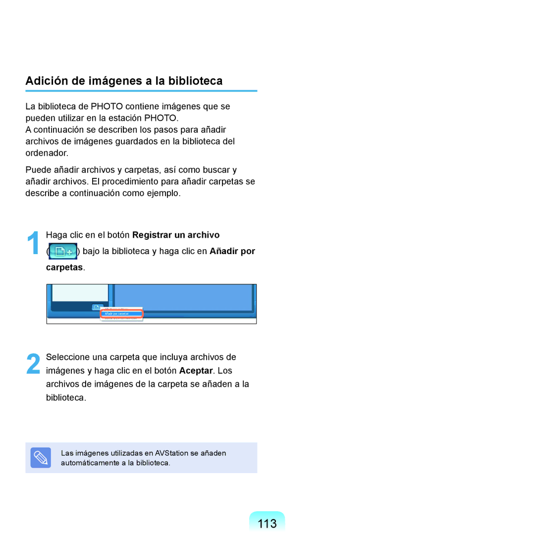 Samsung NP-X22A004/SES, NP-X22T000/SES, NP-X22A003/SES, NP-X22A002/SES manual 113, Adición de imágenes a la biblioteca 