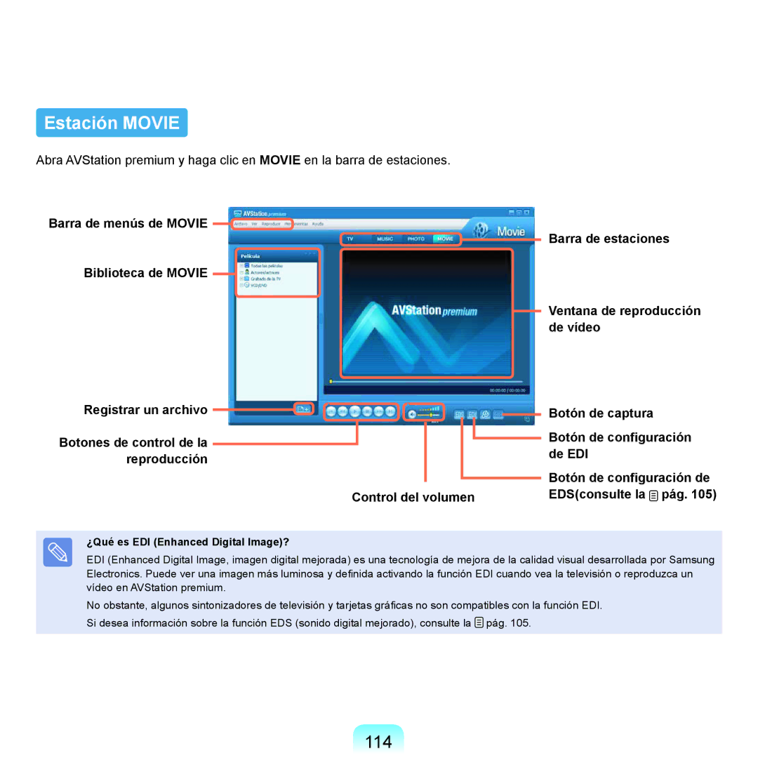 Samsung NP-X22T000/SES, NP-X22A004/SES, NP-X22A003/SES manual Estación Movie, 114, ¿Qué es EDI Enhanced Digital Image? 