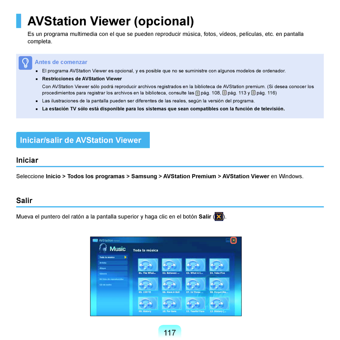 Samsung NP-X22A000/SES, NP-X22A004/SES manual AVStation Viewer opcional, Iniciar/salir de AVStation Viewer, 117, Salir 