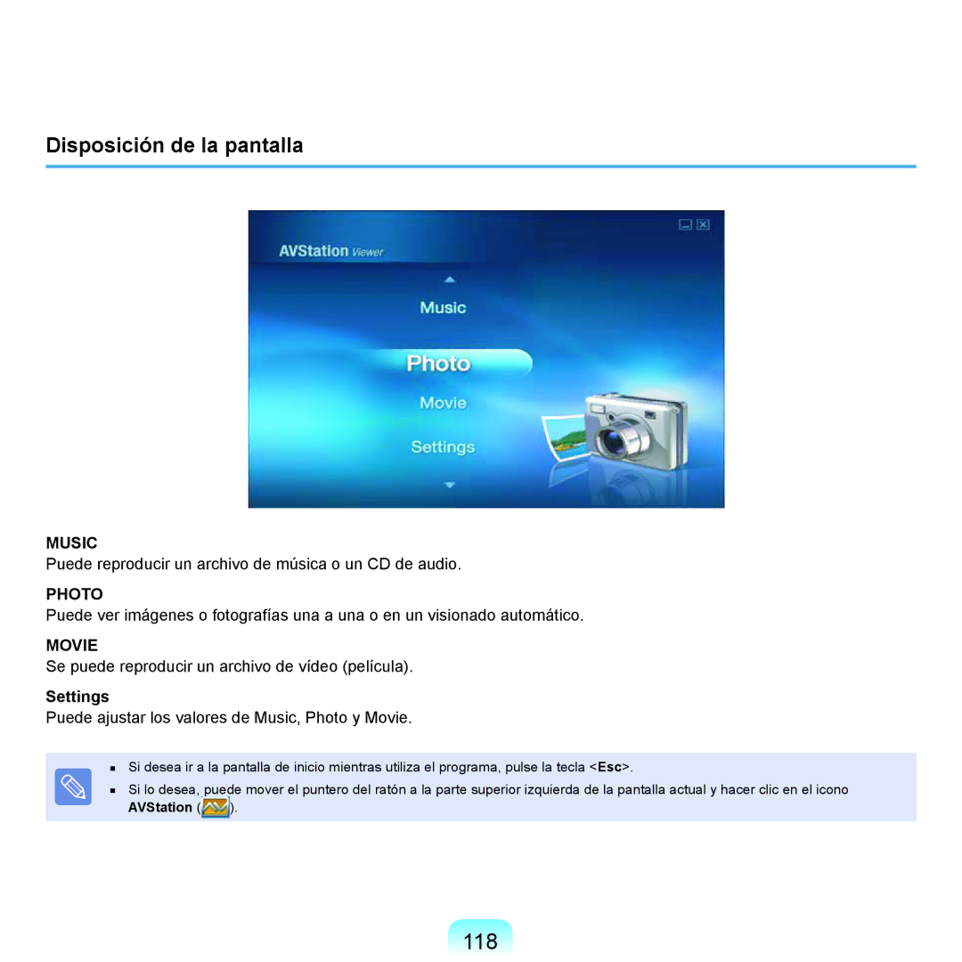Samsung NP-X22A001/SES, NP-X22A004/SES, NP-X22T000/SES, NP-X22A003/SES 118, Disposición de la pantalla, Settings, AVStation 