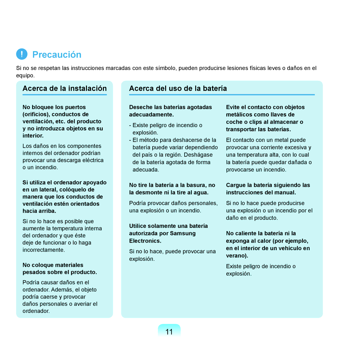 Samsung NP-X22A004/SES Acerca de la instalación Acerca del uso de la batería, Deseche las baterías agotadas adecuadamente 