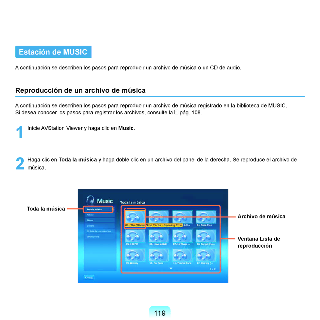 Samsung NP-X22A004/SES, NP-X22T000/SES, NP-X22A003/SES, NP-X22A002/SES, NP-X22A000/SES, NP-X22A001/SES Estación de Music, 119 