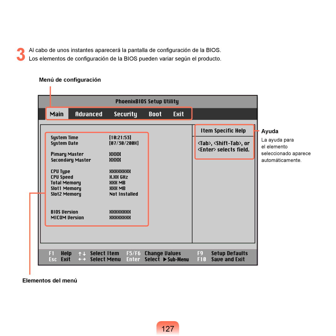 Samsung NP-X22A003/SES, NP-X22A004/SES, NP-X22T000/SES, NP-X22A002/SES manual 127, Menú de configuración, Elementos del menú 