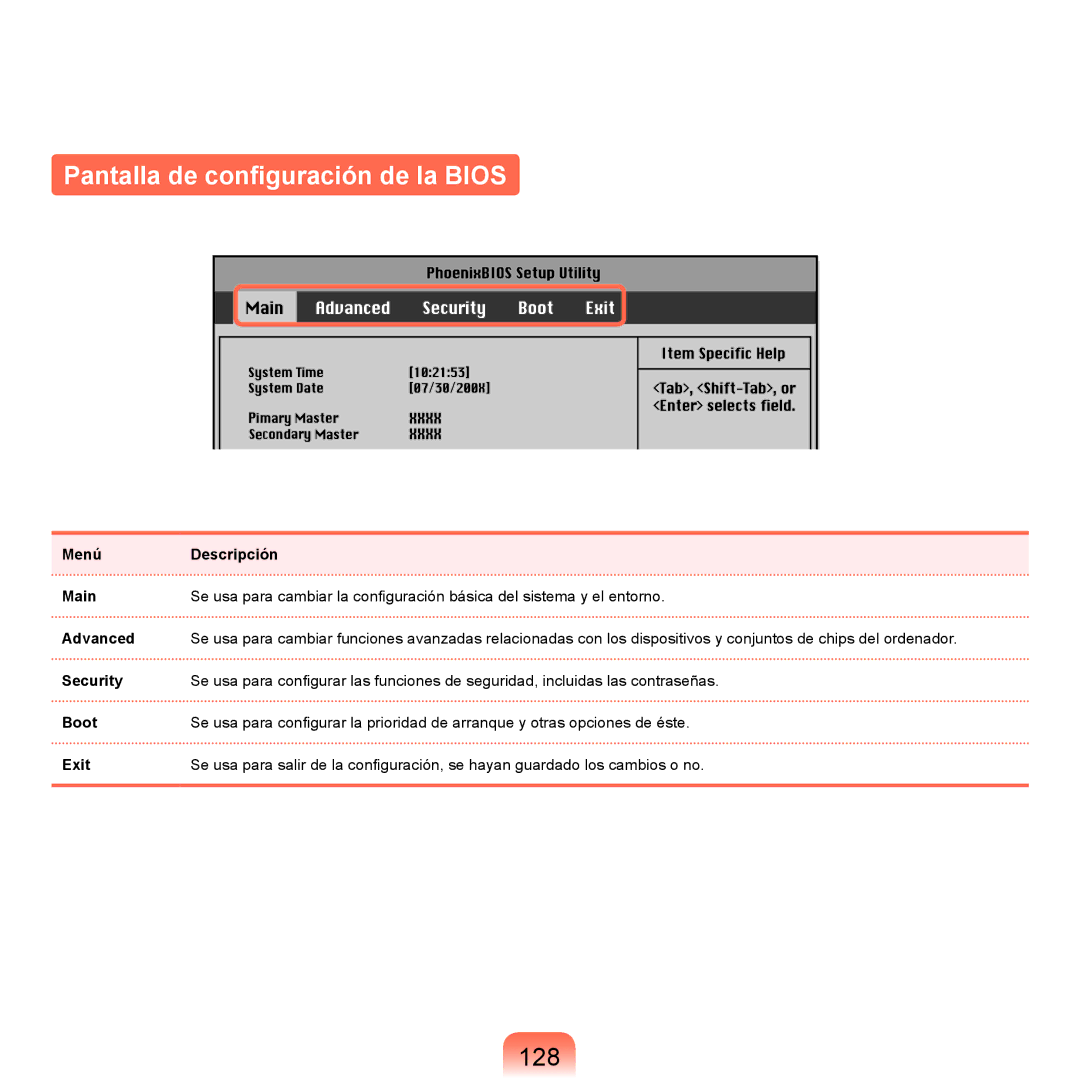 Samsung NP-X22A002/SES, NP-X22A004/SES, NP-X22T000/SES, NP-X22A003/SES manual Pantalla de configuración de la Bios, 128 