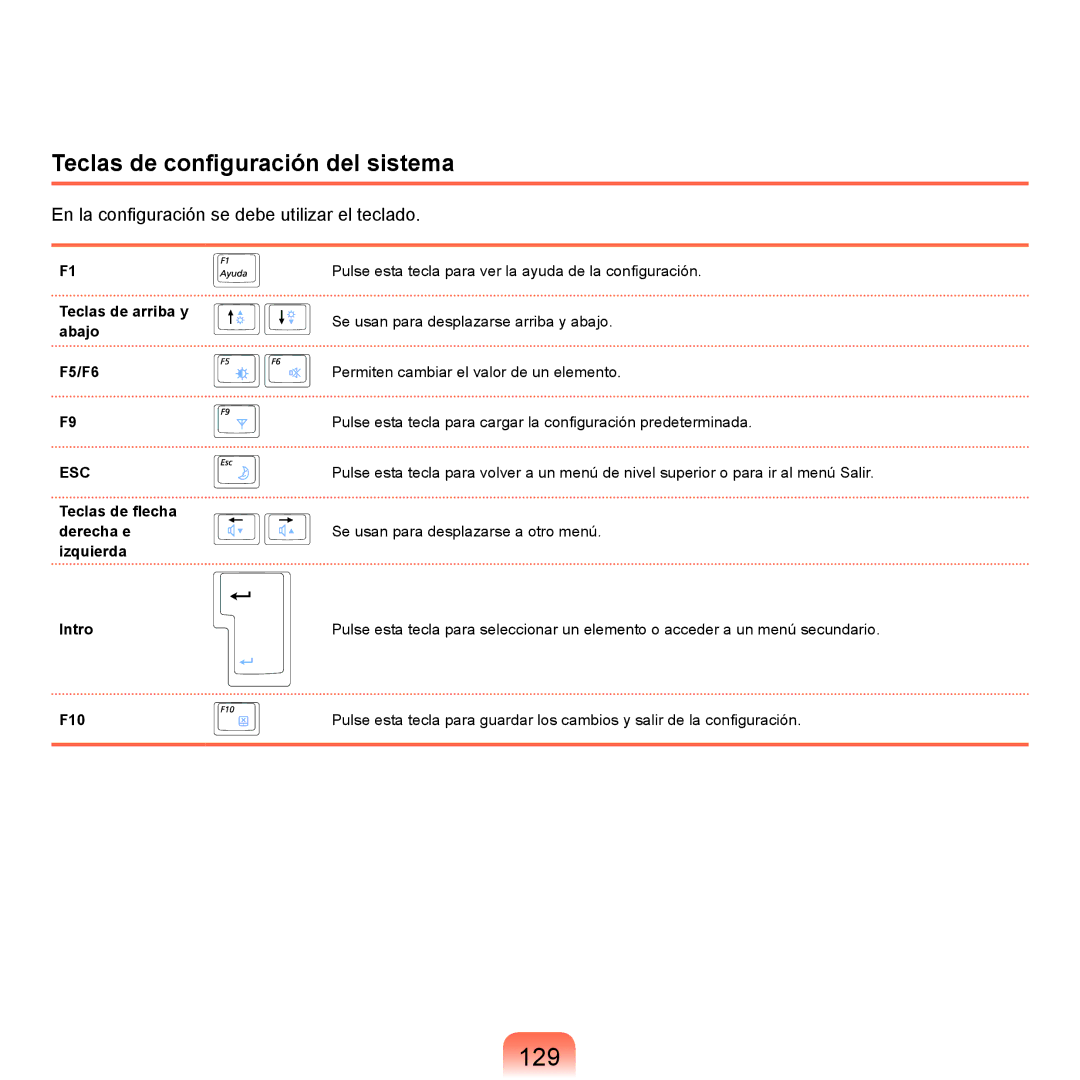 Samsung NP-X22A000/SES, NP-X22A004/SES, NP-X22T000/SES, NP-X22A003/SES manual 129, Teclas de configuración del sistema 