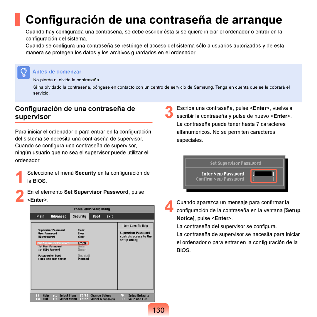 Samsung NP-X22A001/SES Configuración de una contraseña de arranque, 130, Configuración de una contraseña de supervisor 