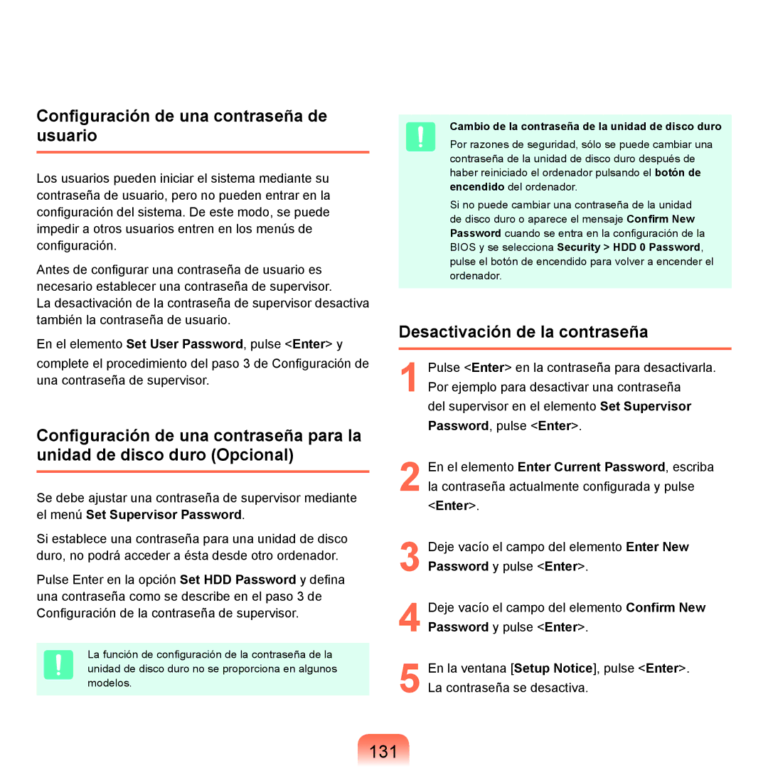 Samsung NP-X22A004/SES, NP-X22T000/SES 131, Configuración de una contraseña de usuario, Desactivación de la contraseña 
