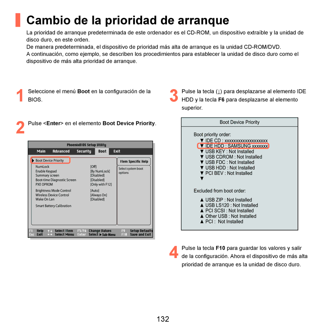 Samsung NP-X22T000/SES, NP-X22A004/SES, NP-X22A003/SES, NP-X22A002/SES manual Cambio de la prioridad de arranque, 132 