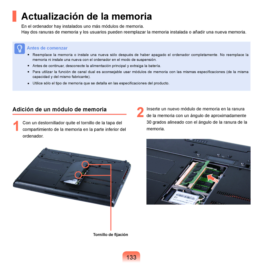 Samsung NP-X22A003/SES, NP-X22A004/SES, NP-X22T000/SES Actualización de la memoria, 133, Adición de un módulo de memoria 