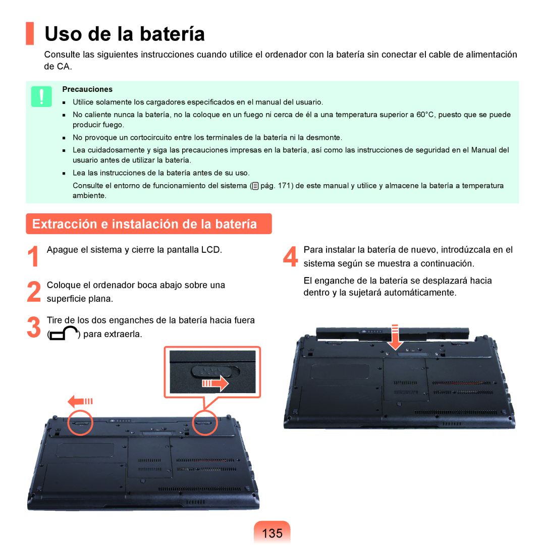 Samsung NP-X22A000/SES, NP-X22A004/SES manual Uso de la batería, Extracción e instalación de la batería, 135, Precauciones 