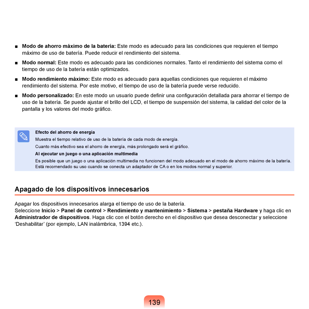 Samsung NP-X22A003/SES, NP-X22A004/SES manual 139, Apagado de los dispositivos innecesarios, Efecto del ahorro de energía 