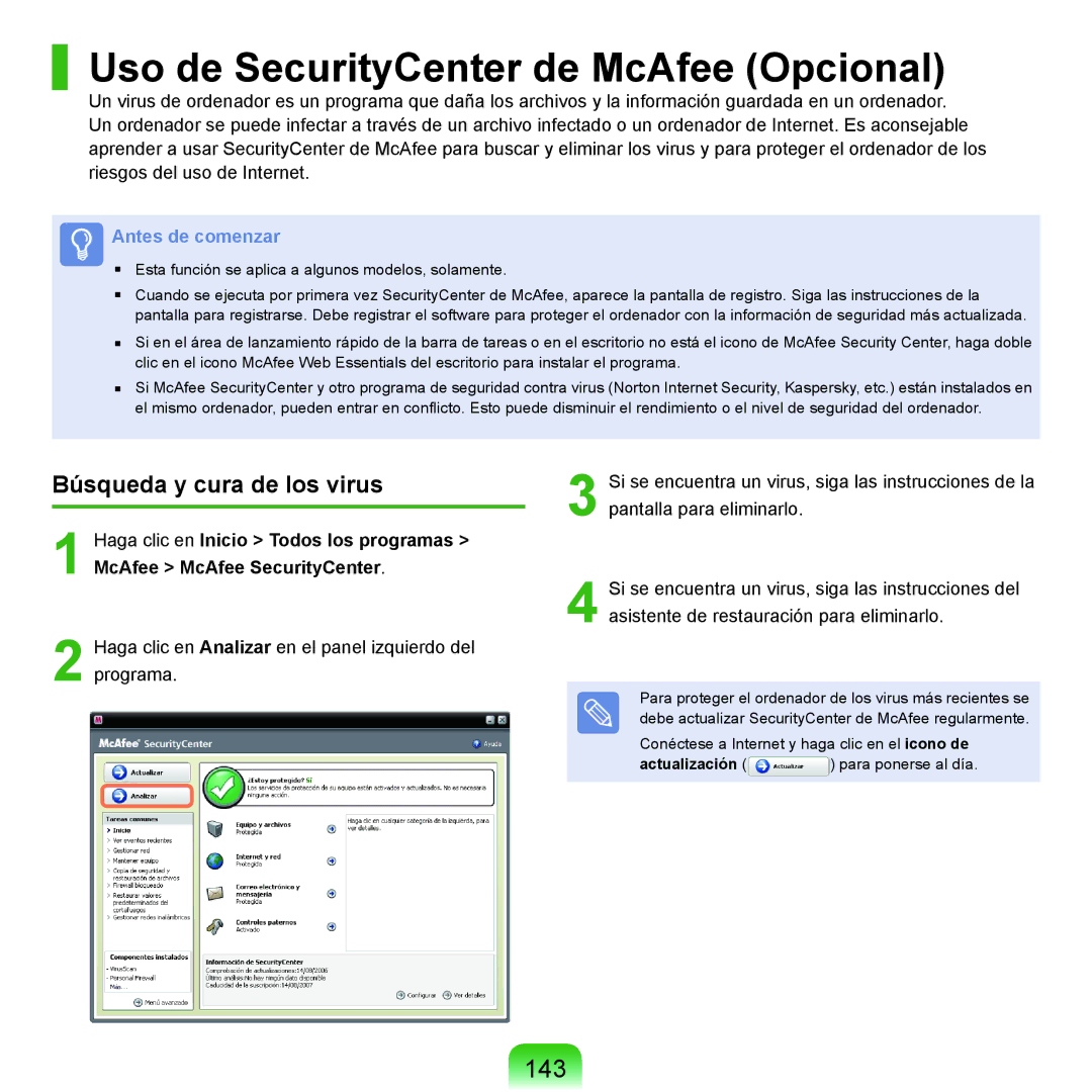 Samsung NP-X22A004/SES manual Uso de SecurityCenter de McAfee Opcional, 143, Búsqueda y cura de los virus, Actualización 