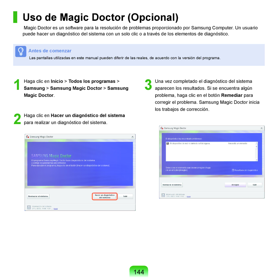 Samsung NP-X22T000/SES, NP-X22A004/SES, NP-X22A003/SES, NP-X22A002/SES, NP-X22A000/SES manual Uso de Magic Doctor Opcional, 144 