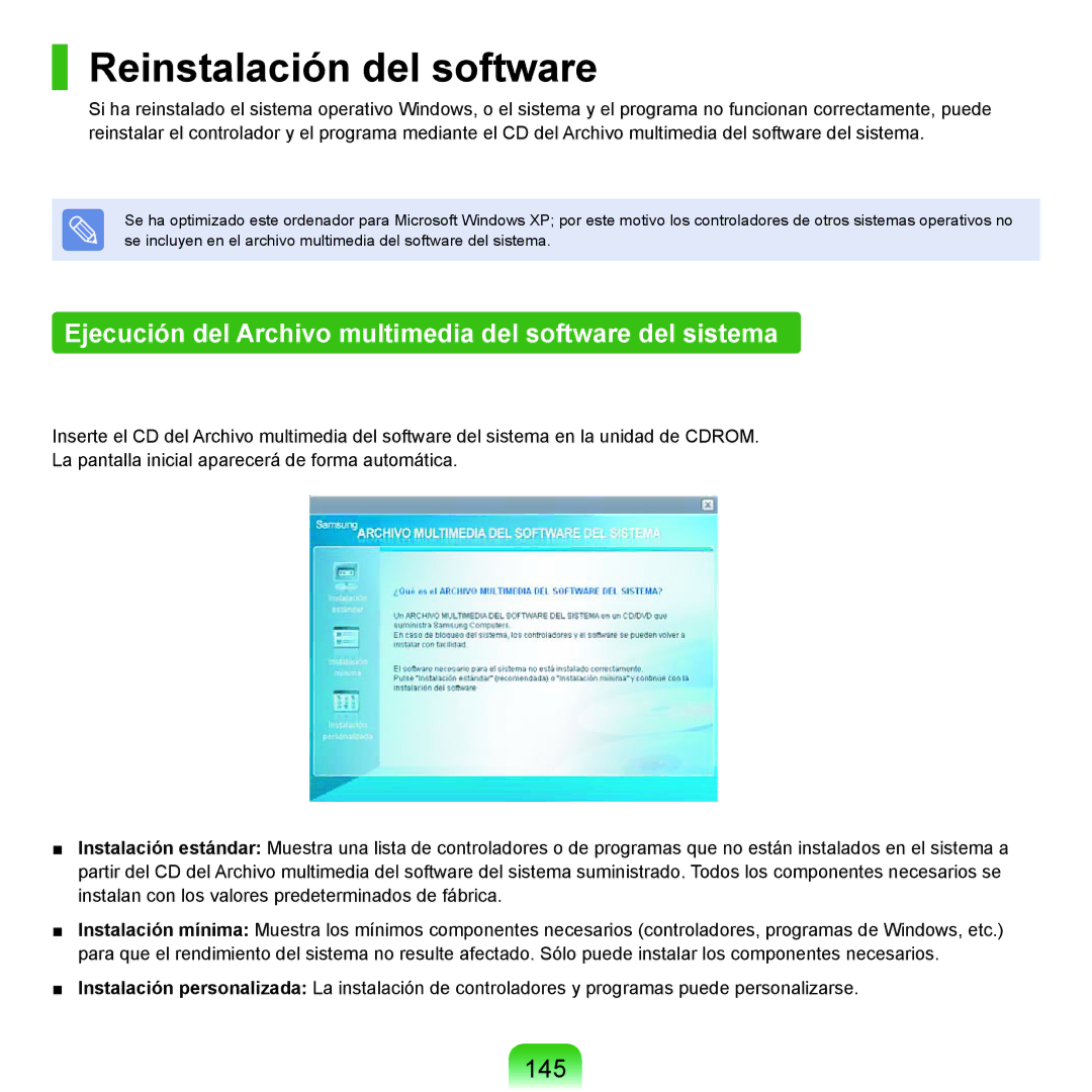 Samsung NP-X22A003/SES manual Reinstalación del software, Ejecución del Archivo multimedia del software del sistema, 145 