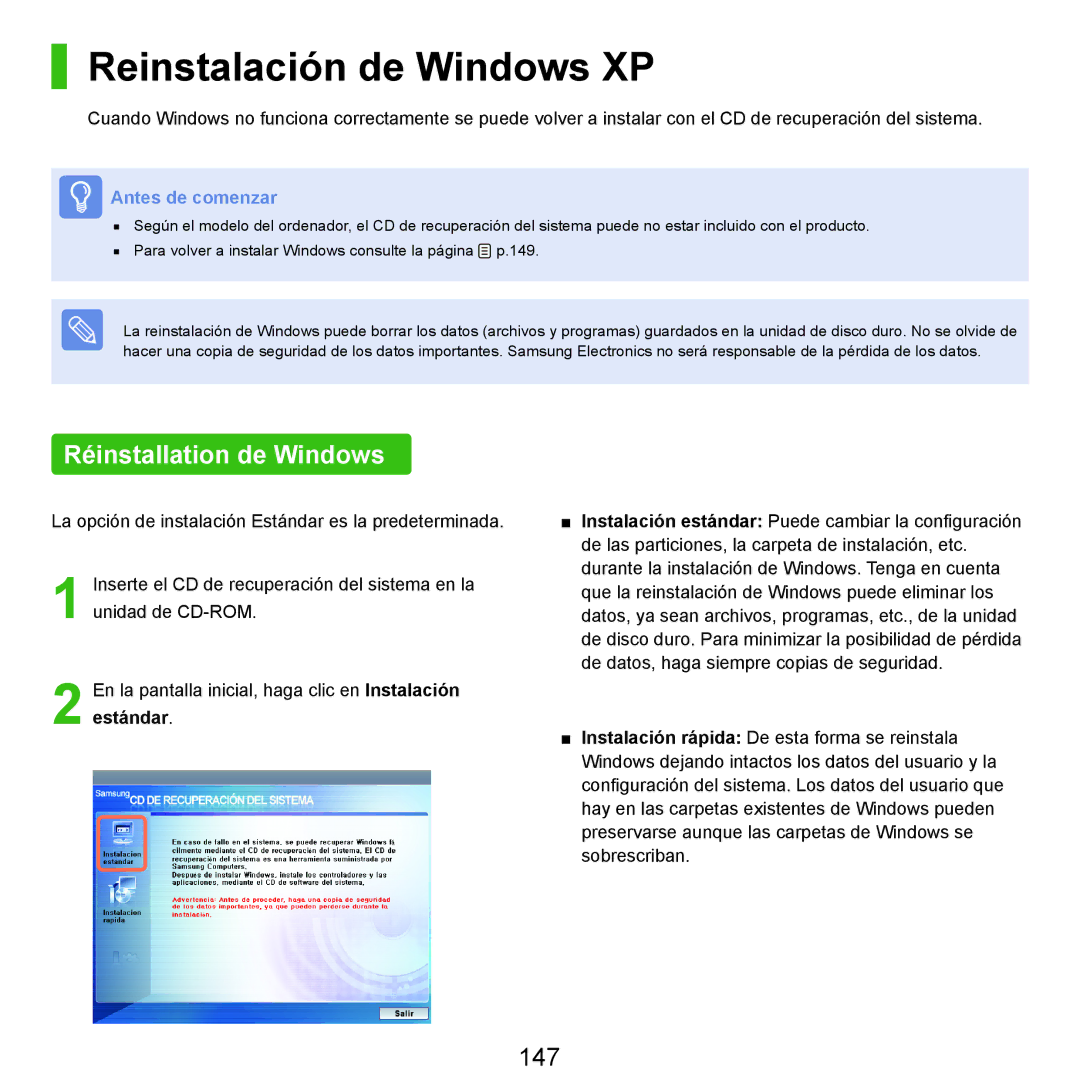 Samsung NP-X22A000/SES, NP-X22A004/SES, NP-X22T000/SES manual Reinstalación de Windows XP, Réinstallation de Windows, 147 