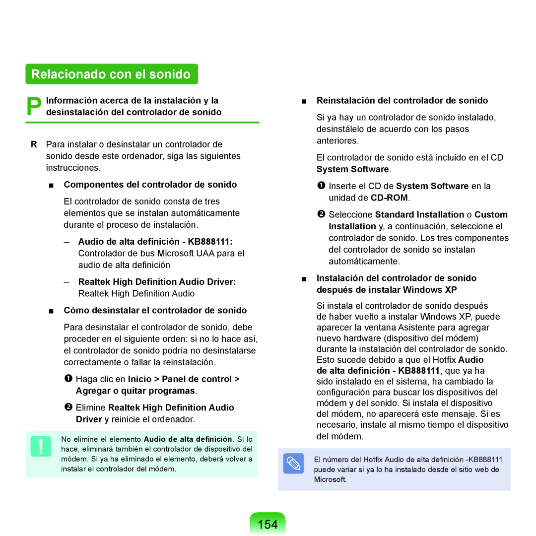 Samsung NP-X22A001/SES manual Relacionado con el sonido, 154, Componentes del controlador de sonido, System Software 