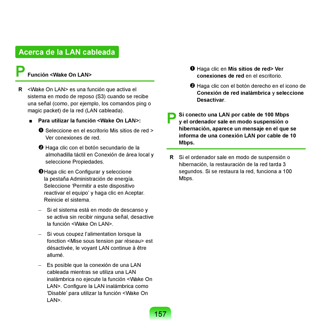 Samsung NP-X22A003/SES manual Acerca de la LAN cableada, 157, Función Wake On LAN, Para utilizar la función Wake On LAN 