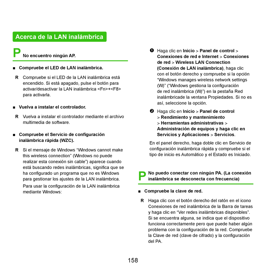 Samsung NP-X22A002/SES manual Acerca de la LAN inalámbrica, 158, No encuentro ningún AP Compruebe el LED de LAN inalámbrica 