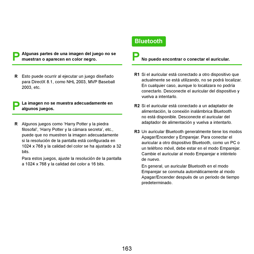 Samsung NP-X22A003/SES, NP-X22A004/SES manual Bluetooth, 163, La imagen no se muestra adecuadamente en algunos juegos 