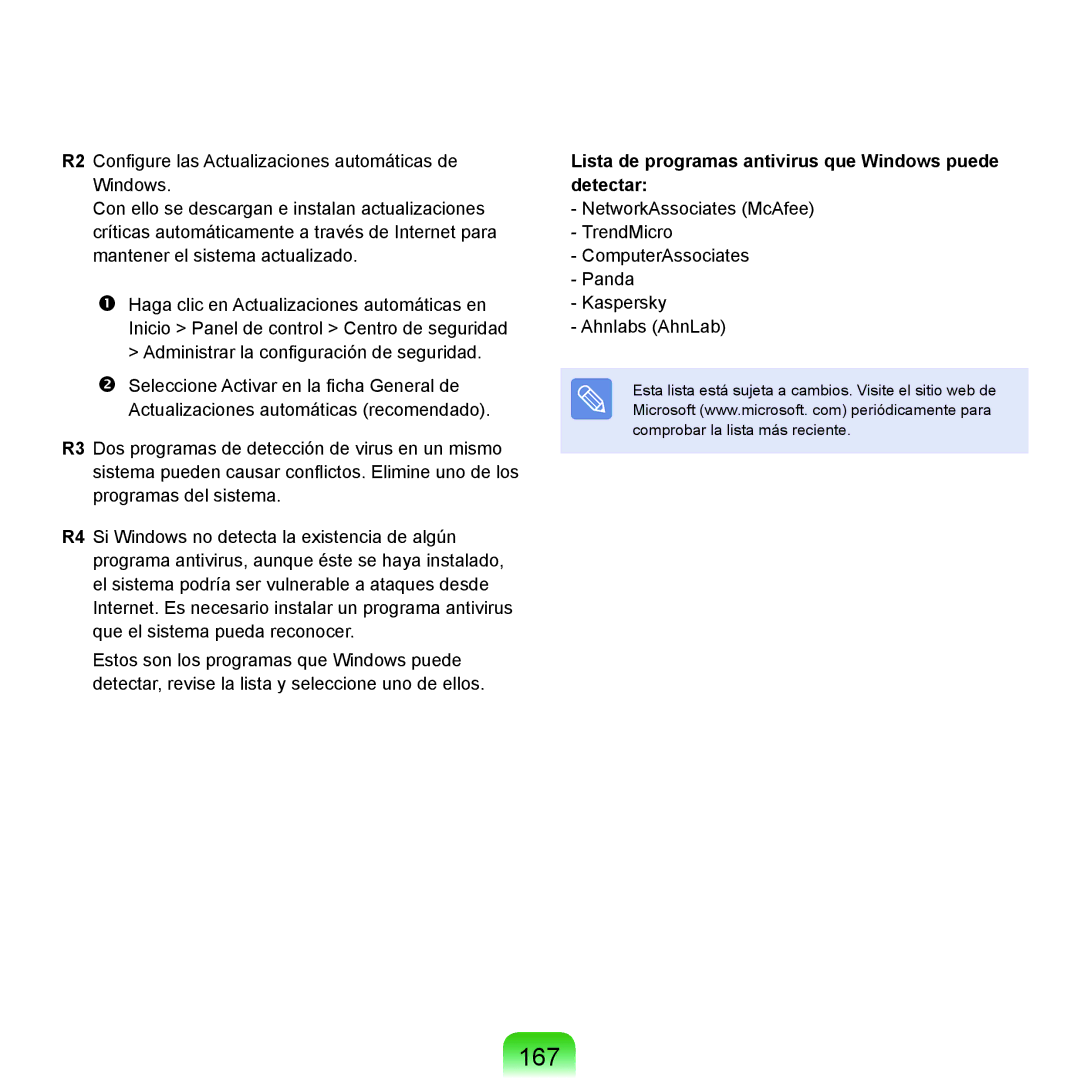 Samsung NP-X22A004/SES, NP-X22T000/SES, NP-X22A003/SES manual 167, Lista de programas antivirus que Windows puede detectar 