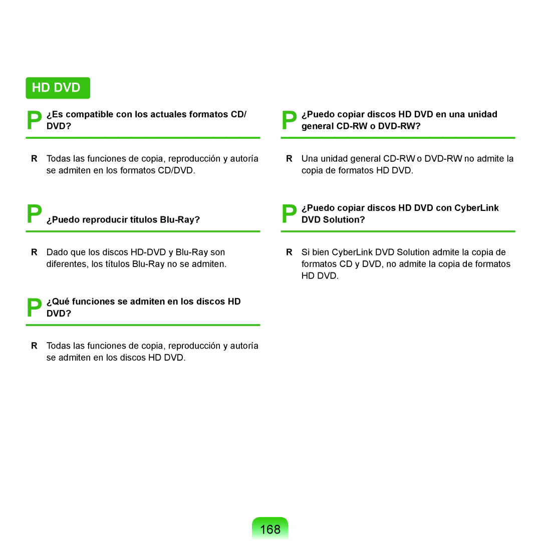 Samsung NP-X22T000/SES manual 168, ¿Es compatible con los actuales formatos CD/ DVD?, ¿Puedo reproducir títulos Blu-Ray? 