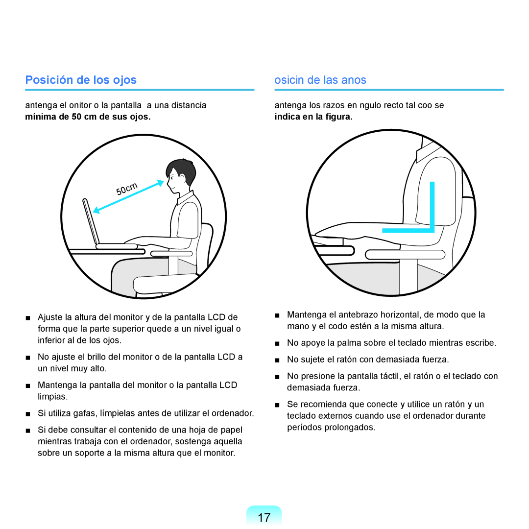 Samsung NP-X22A004/SES, NP-X22T000/SES, NP-X22A003/SES, NP-X22A002/SES manual Posición de los ojos, Posición de las manos 