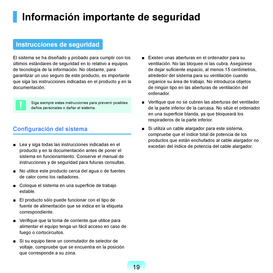 Samsung NP-X22A003/SES manual Información importante de seguridad, Instrucciones de seguridad, Configuración del sistema 