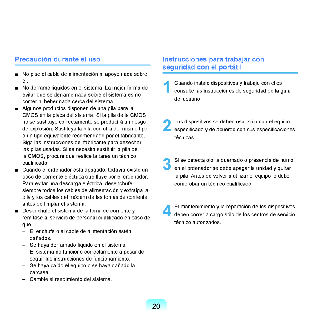 Samsung NP-X22A002/SES manual Precaución durante el uso, Instrucciones para trabajar con seguridad con el portátil 