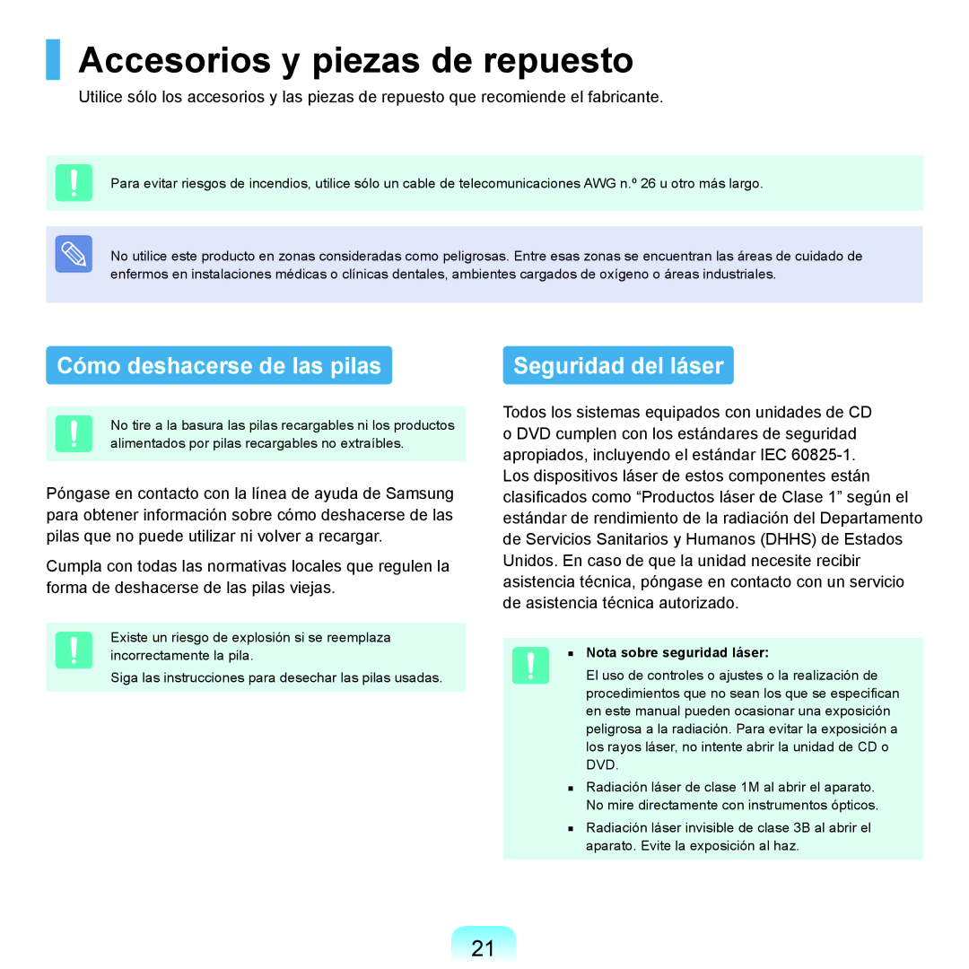 Samsung NP-X22A000/SES manual Accesorios y piezas de repuesto, Cómo deshacerse de las pilas, Nota sobre seguridad láser 