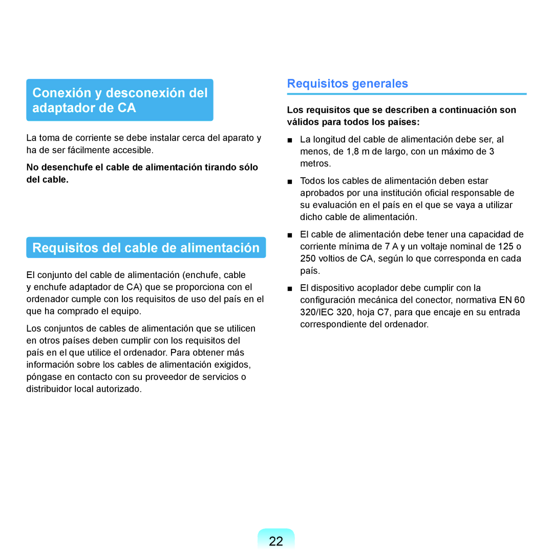 Samsung NP-X22A001/SES, NP-X22A004/SES Conexión y desconexión del adaptador de CA, Requisitos del cable de alimentación 