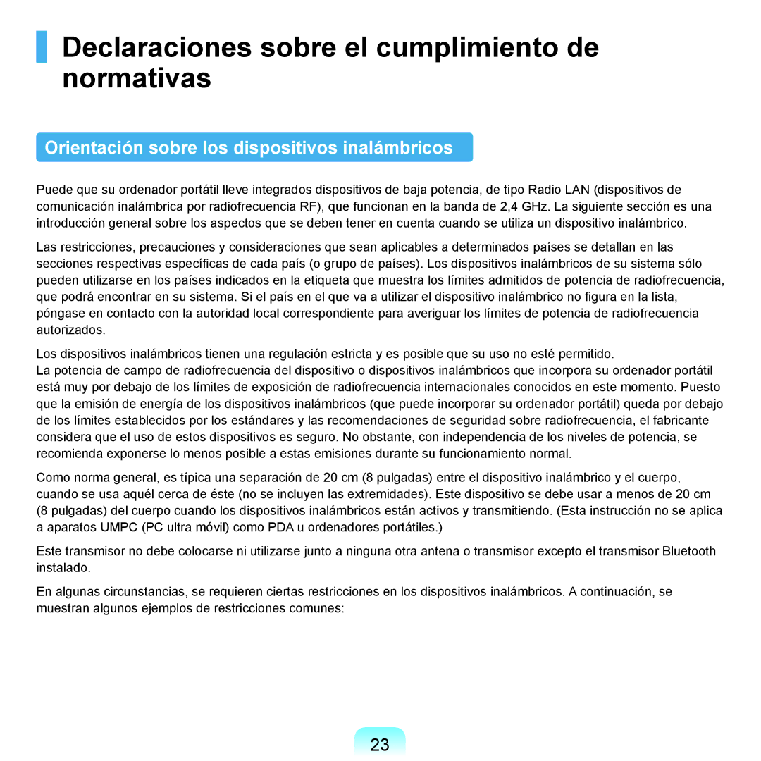 Samsung NP-X22A004/SES Declaraciones sobre el cumplimiento de normativas, Orientación sobre los dispositivos inalámbricos 