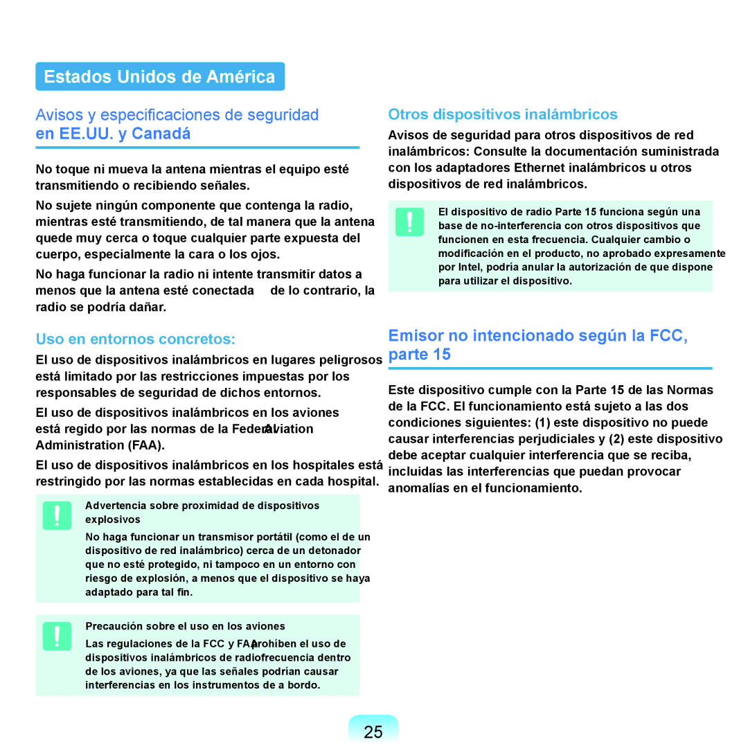 Samsung NP-X22A003/SES manual Estados Unidos de América, Avisos y especificaciones de seguridad en EE.UU. y Canadá 