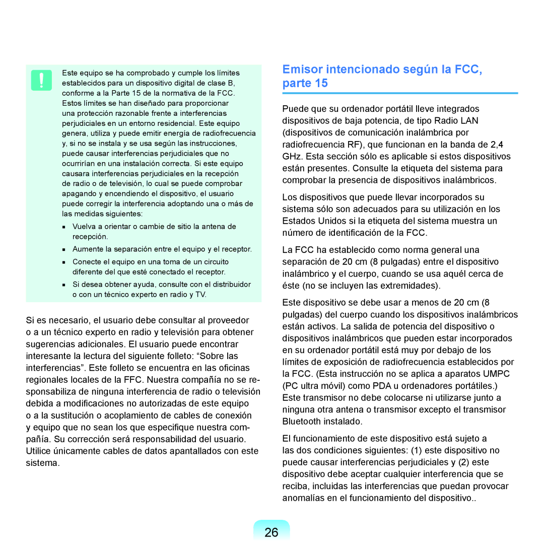 Samsung NP-X22A002/SES, NP-X22A004/SES, NP-X22T000/SES, NP-X22A003/SES manual Emisor intencionado según la FCC, parte 