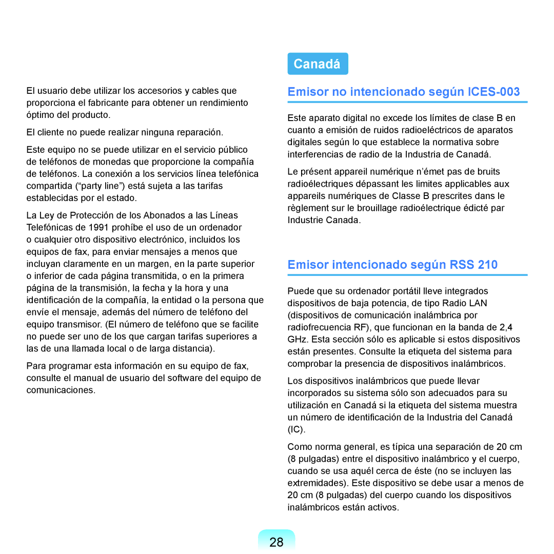 Samsung NP-X22A001/SES, NP-X22A004/SES manual Canadá, Emisor no intencionado según ICES-003, Emisor intencionado según RSS 