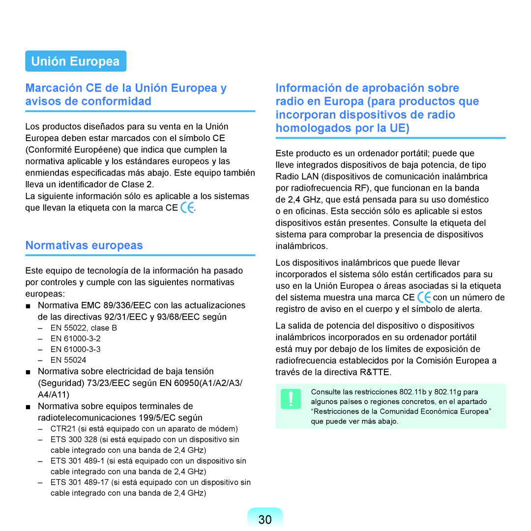 Samsung NP-X22T000/SES, NP-X22A004/SES Marcación CE de la Unión Europea y avisos de conformidad, Normativas europeas 