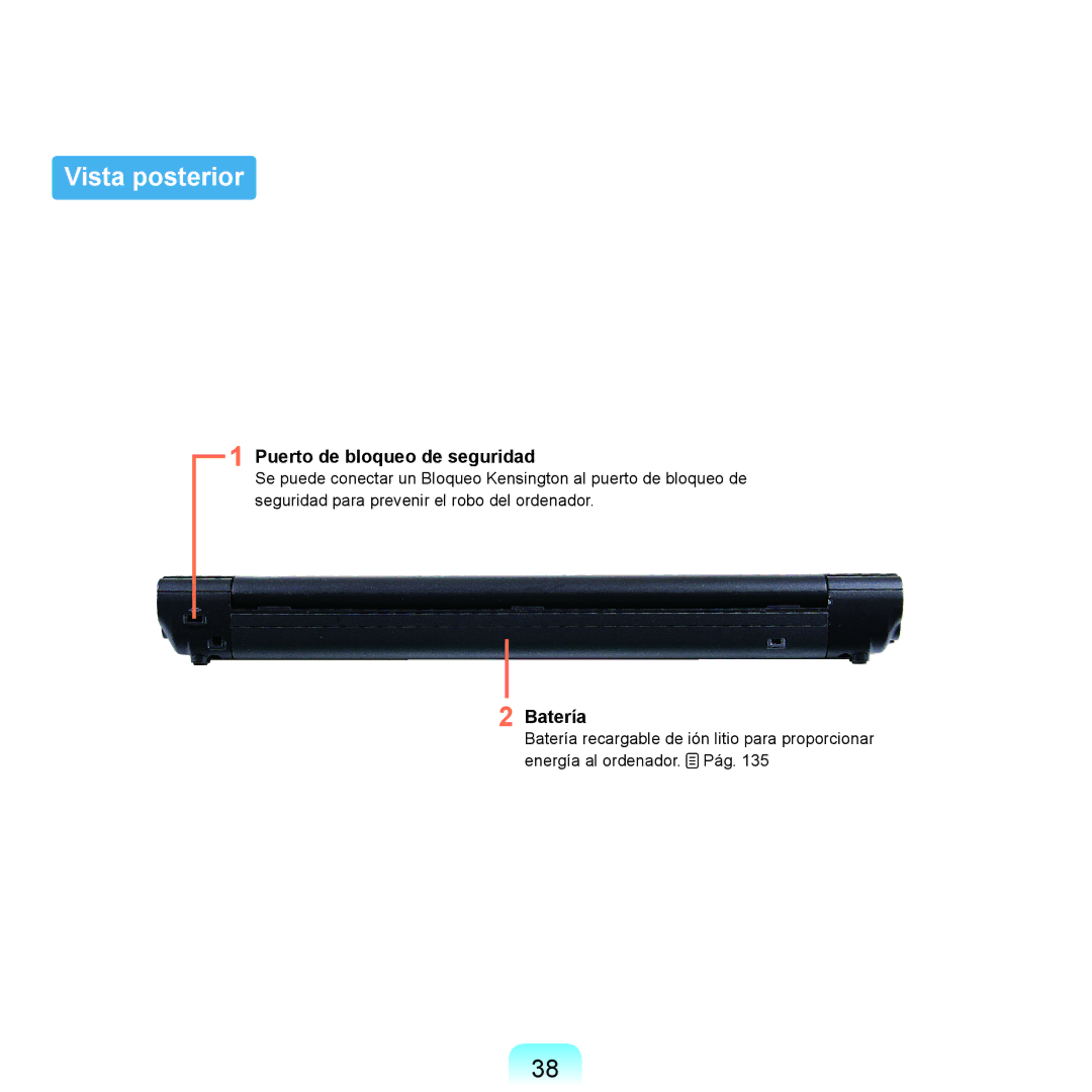 Samsung NP-X22A002/SES, NP-X22A004/SES, NP-X22T000/SES manual Vista posterior, Puerto de bloqueo de seguridad, Batería 