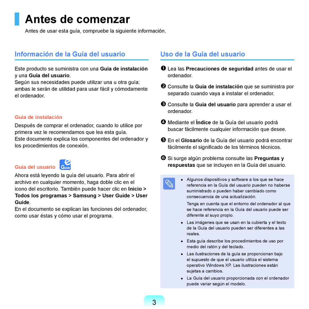 Samsung NP-X22A000/SES, NP-X22A004/SES Antes de comenzar, Información de la Guía del usuario, Uso de la Guía del usuario 