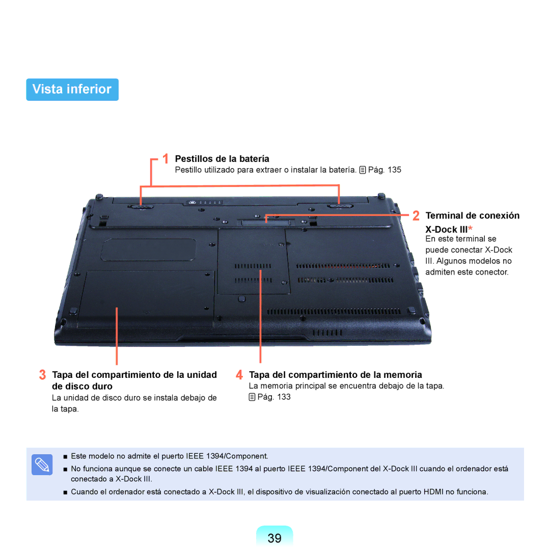 Samsung NP-X22A000/SES, NP-X22A004/SES, NP-X22T000/SES Vista inferior, Pestillos de la batería, Terminal de conexión X-Dock 