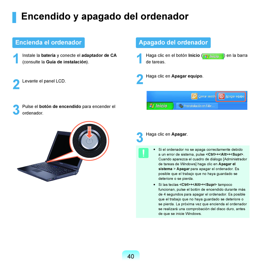 Samsung NP-X22A001/SES, NP-X22A004/SES manual Encendido y apagado del ordenador, Encienda el ordenador Apagado del ordenador 