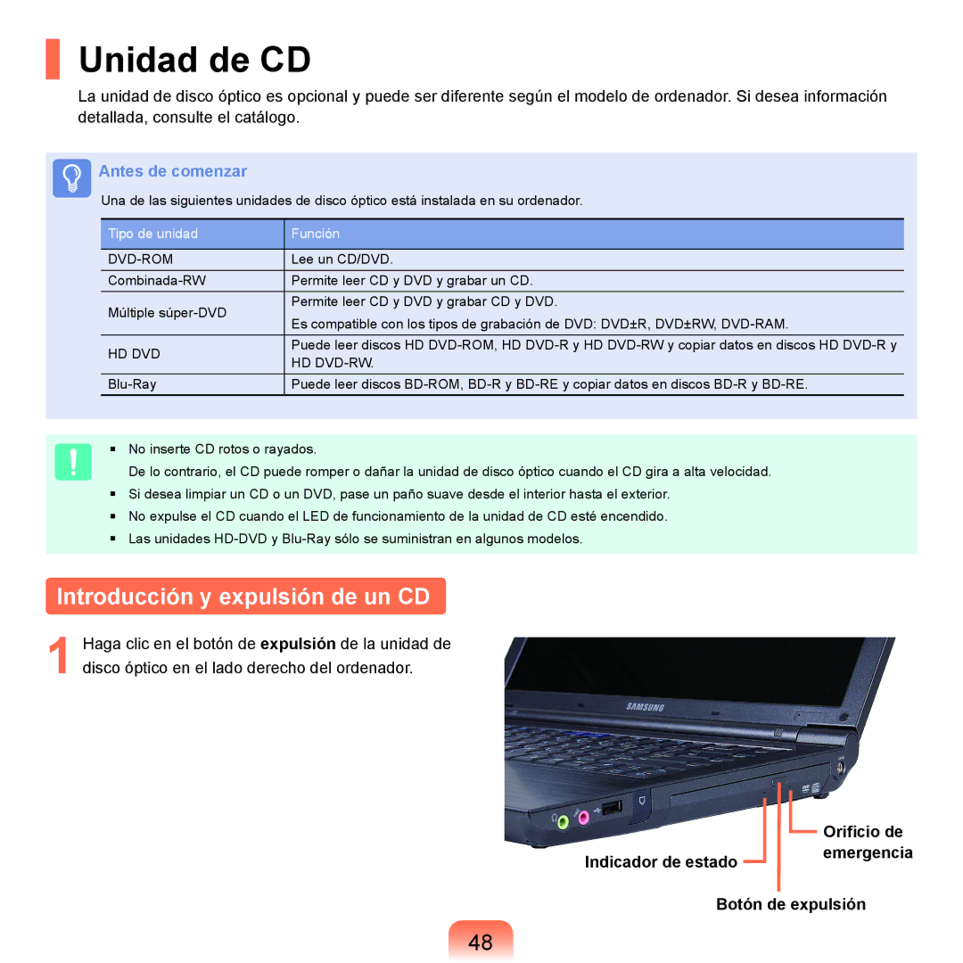 Samsung NP-X22T000/SES, NP-X22A004/SES, NP-X22A003/SES, NP-X22A002/SES manual Unidad de CD, Introducción y expulsión de un CD 