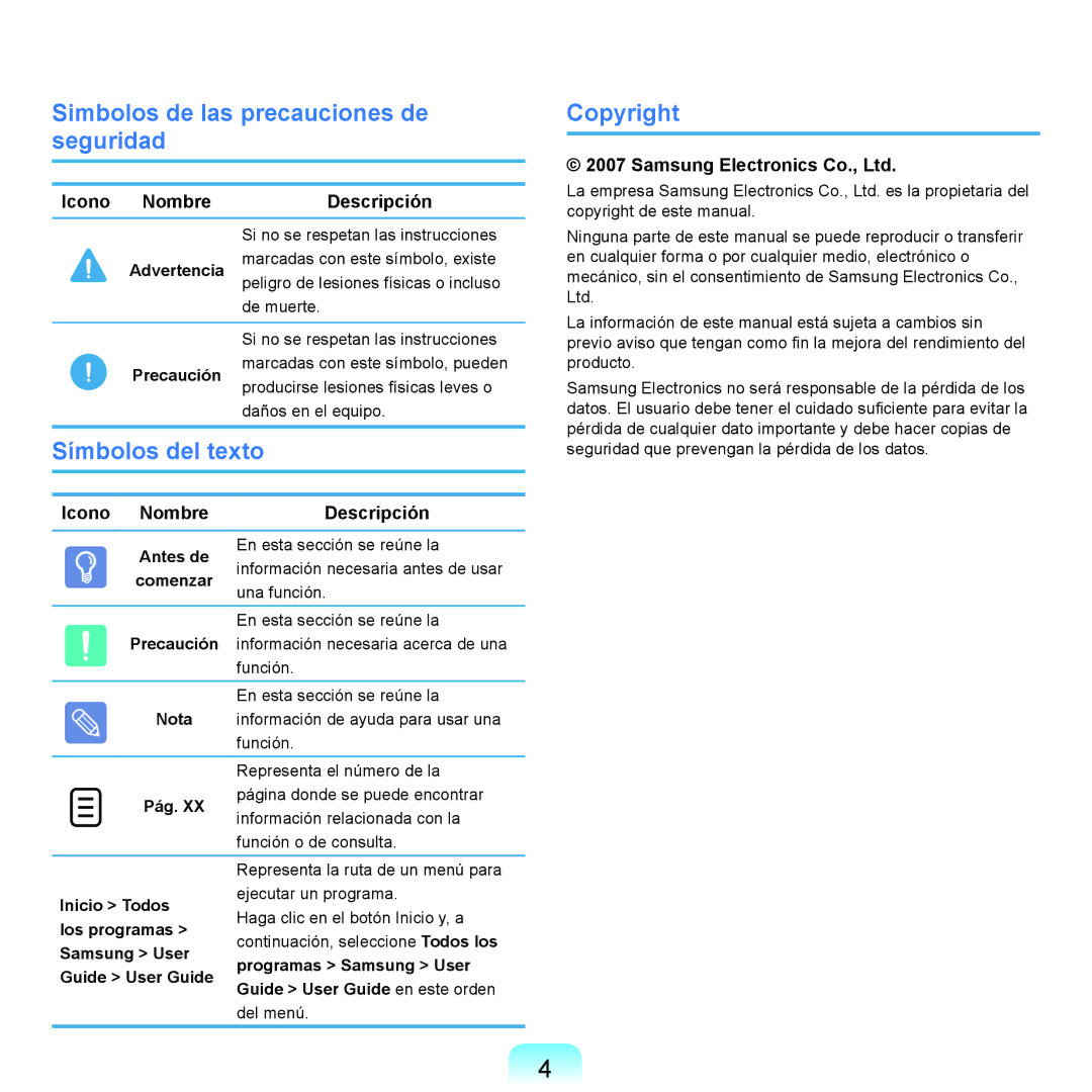 Samsung NP-X22A001/SES Simbolos de las precauciones de seguridad, Símbolos del texto, Copyright, Icono Nombre Descripción 