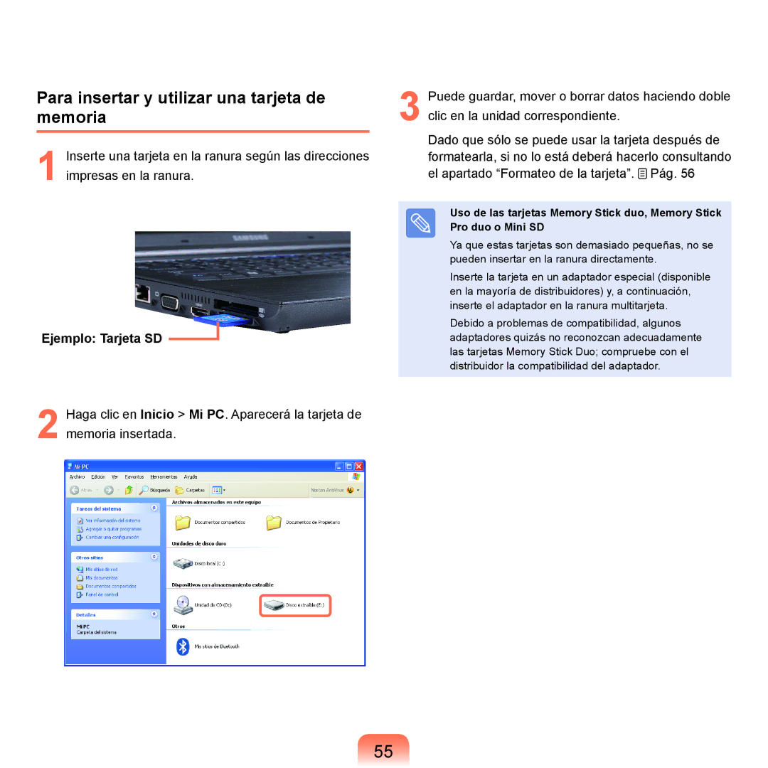 Samsung NP-X22A003/SES, NP-X22A004/SES, NP-X22T000/SES Para insertar y utilizar una tarjeta de memoria, Ejemplo Tarjeta SD 