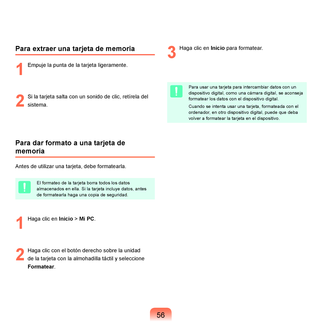Samsung NP-X22A002/SES, NP-X22A004/SES manual Para extraer una tarjeta de memoria, Para dar formato a una tarjeta de memoria 