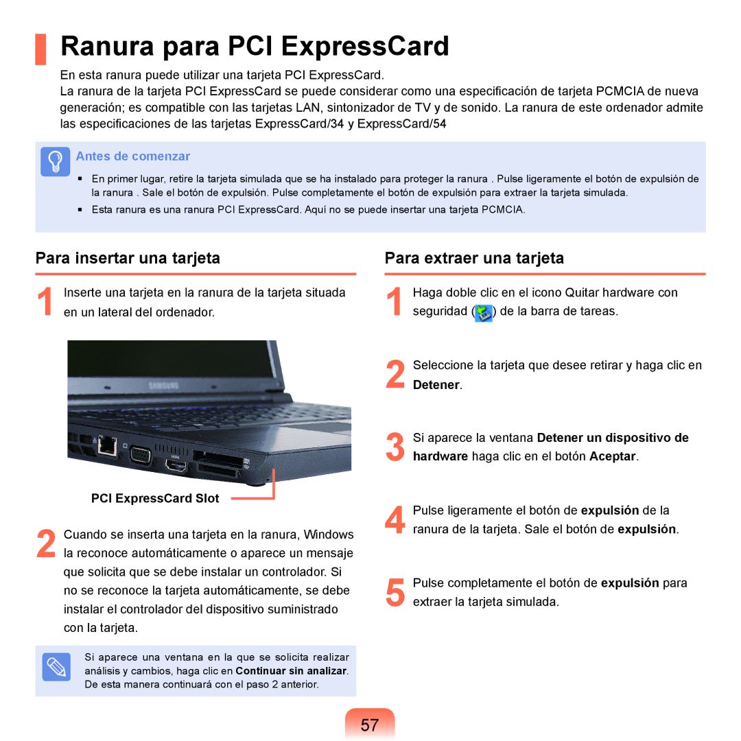 Samsung NP-X22A000/SES, NP-X22A004/SES Ranura para PCI ExpressCard, Para insertar una tarjeta, Para extraer una tarjeta 