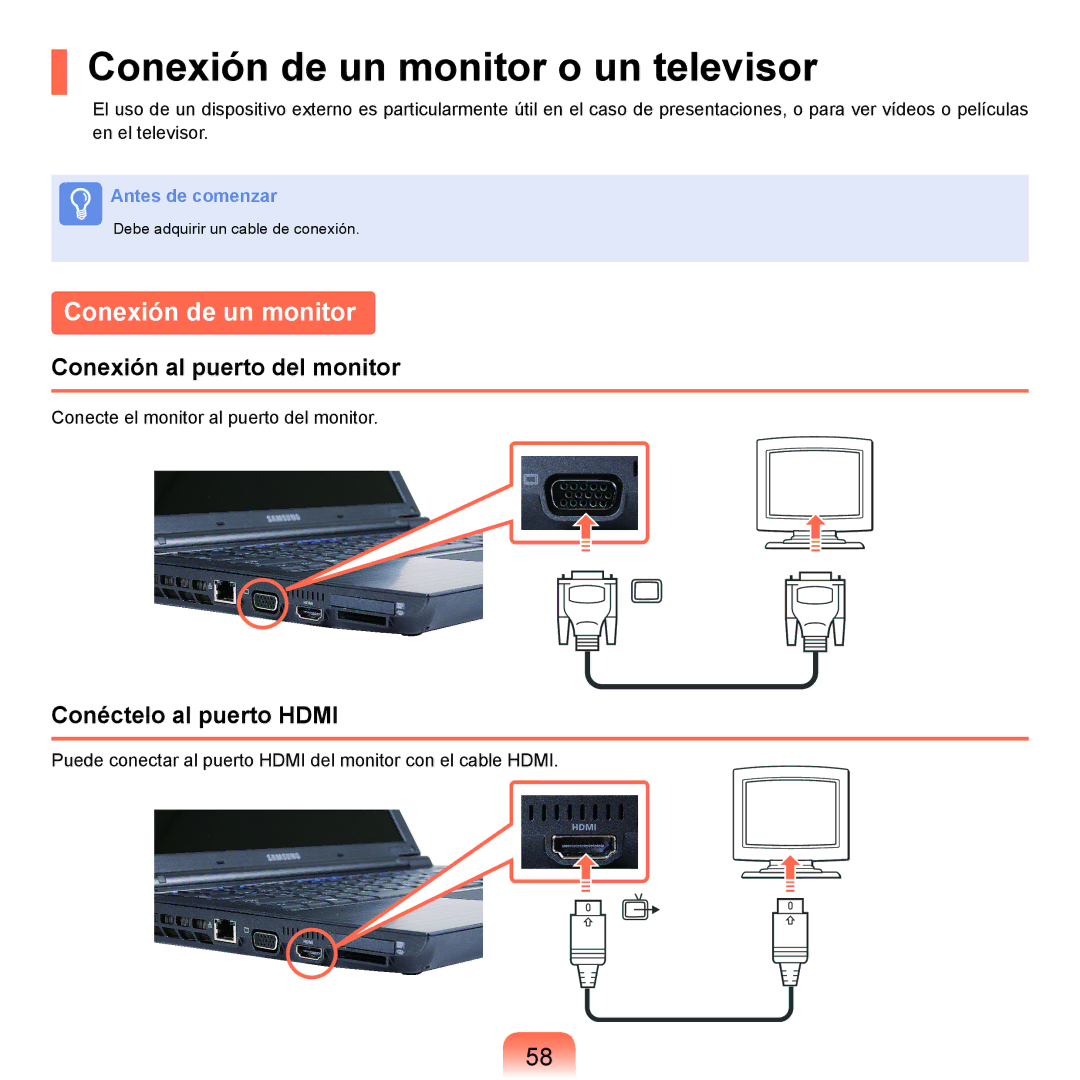 Samsung NP-X22A001/SES Conexión de un monitor o un televisor, Conexión al puerto del monitor, Conéctelo al puerto Hdmi 