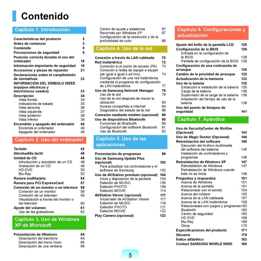 Samsung NP-X22A004/SES, NP-X22T000/SES, NP-X22A003/SES, NP-X22A002/SES, NP-X22A000/SES, NP-X22A001/SES manual Contenido 